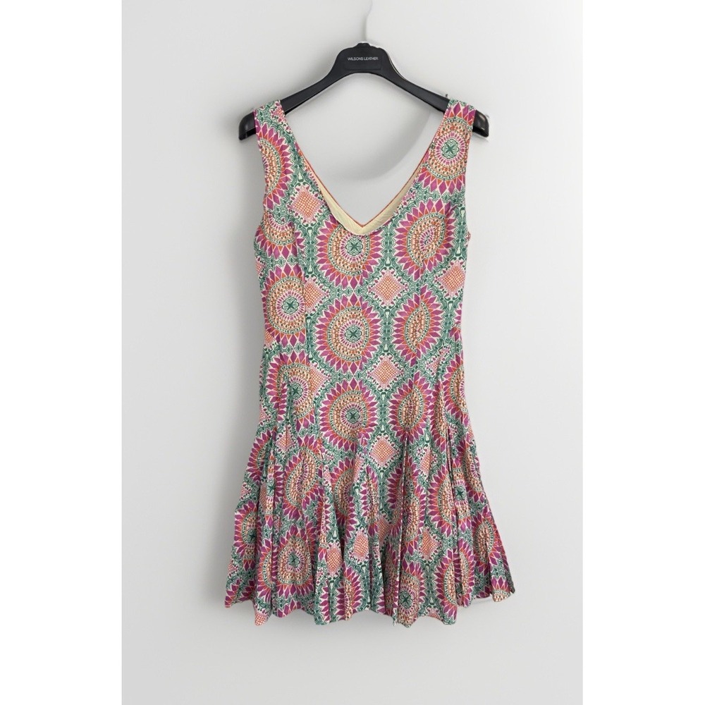 Anthropologie HD in Paris Dress Women 4 Pink Green Mandala Boho Flare Lined
